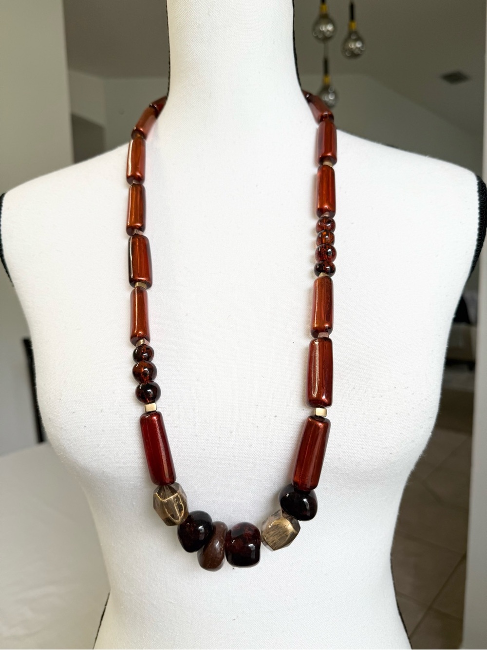 Chico’s Chunky Bead Brown and Amber Colored Long Statement Necklace